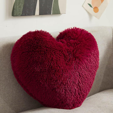 Fluffy Heart Throw Pillows, Shaggy Decorative Pillow, Cute Room Decor Decorations for Women Girls Kids (Dark Red)