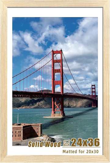 24x36 Frame Natural Wood, Display 20x30 with Mat or 16x24 Without Mat, Wall Hanging Poster Frames with Plexiglass
