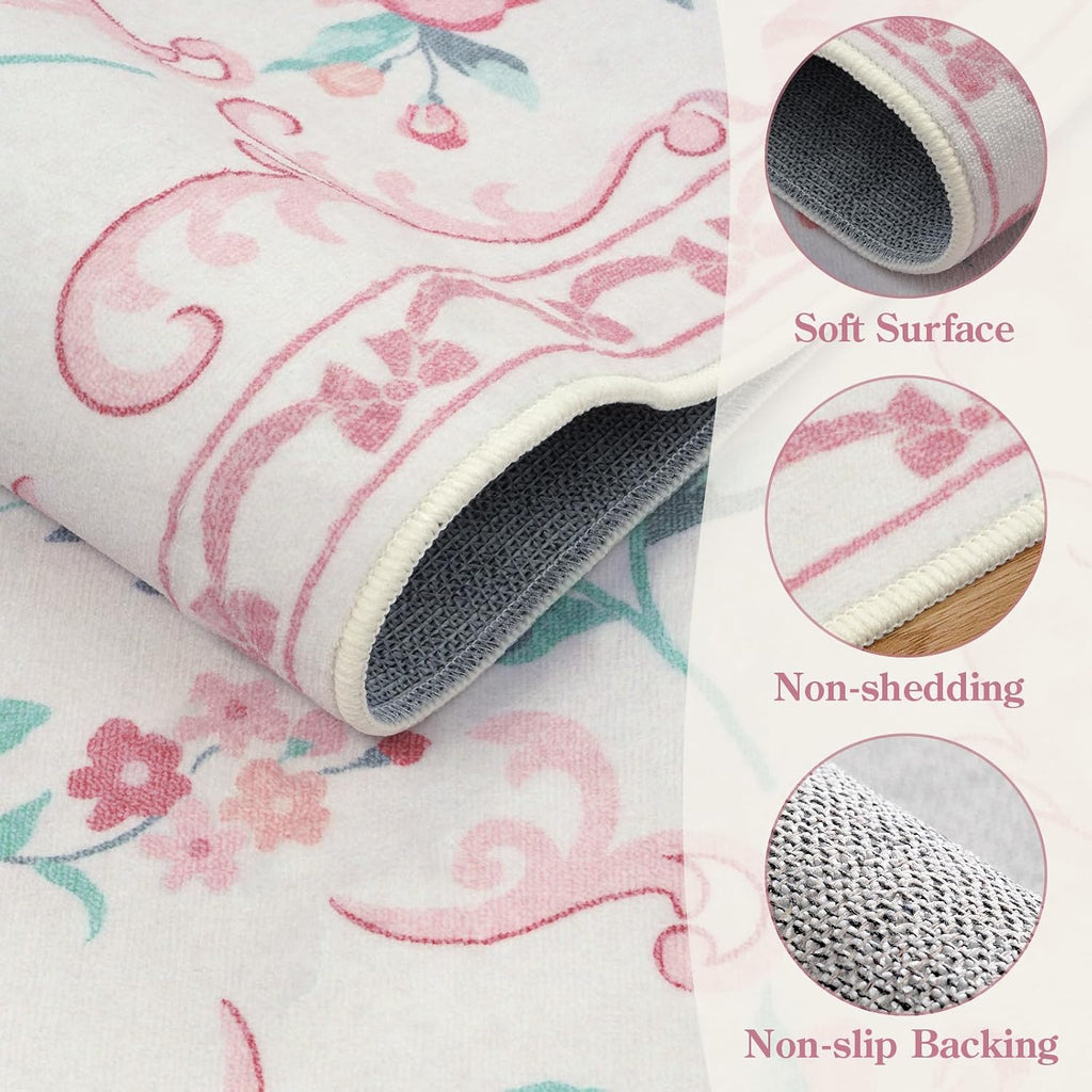 4ft Pink Floral and Bow Washable Round Rug for Girls Bedroom