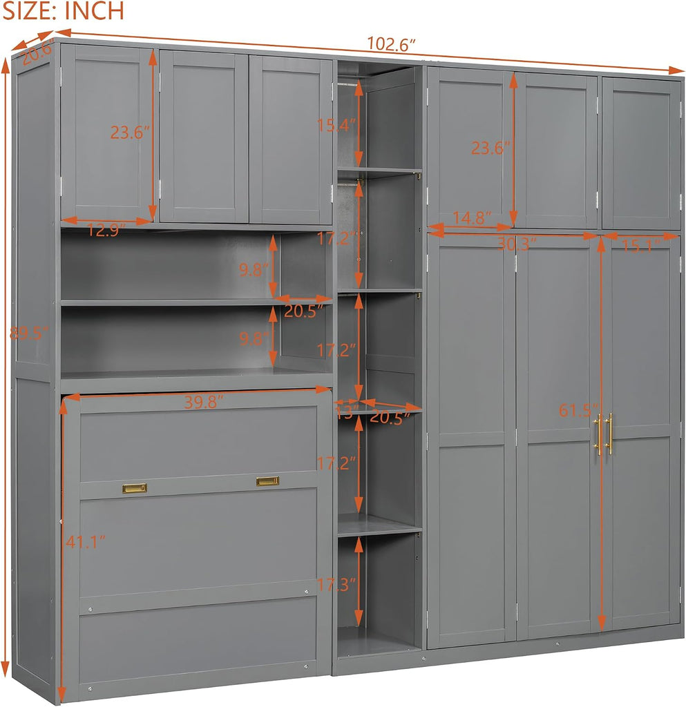 Twin Murphy Cabinet Bed with Wardrobe & 5‑Tier LED Display Shelf, Space-Saving Foldable Wall Bed with Storage Shelves