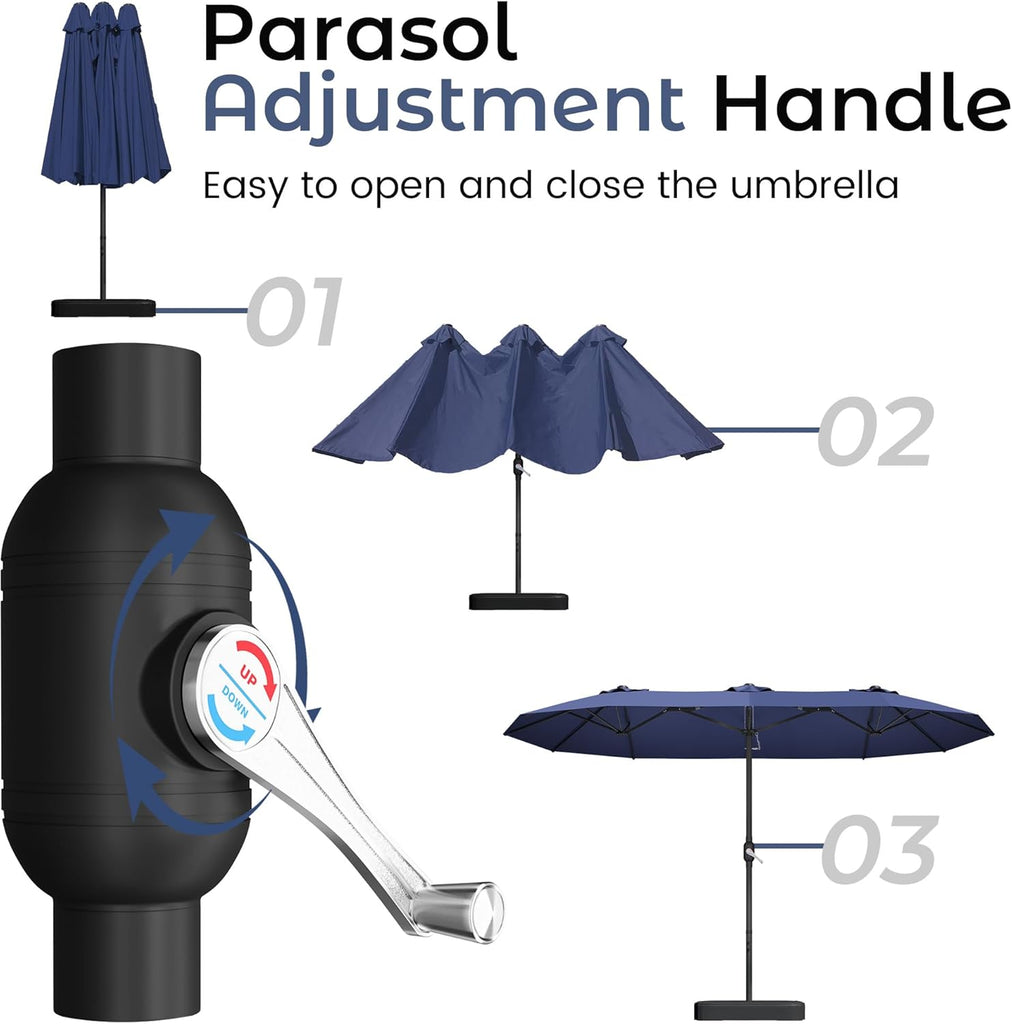 15ft Patio Umbrella with Base,Large Outdoor Double-Sided Rectangle Umbrella with Crank Handle, Market Umbrella Pools