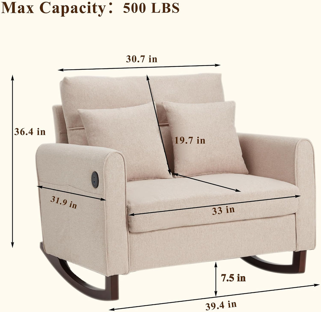 Upholstered Oversize Rocking Chair, Nursery Rocking Chair with High Back and Side Pocket USB Port, Double Wide Rocker