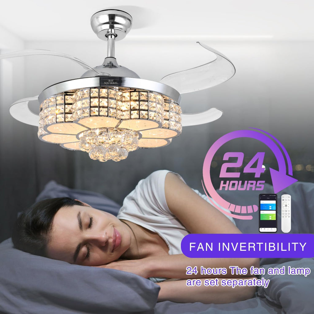 Retractable Ceiling Fan with Light and Remote/APP Control, Bluetooth Ceiling Fans with Speaker
