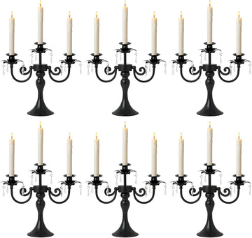 Metal 3 Arm Candelabra with Crystal Pendants - 11.8 Inch Tall Candle Holders, Set of 2 - Elegant Taper Candlestick