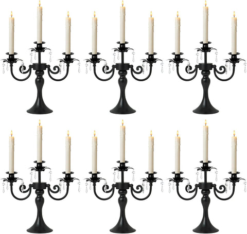 Metal 3 Arm Candelabra with Crystal Pendants - 11.8 Inch Tall Candle Holders, Set of 2 - Elegant Taper Candlestick