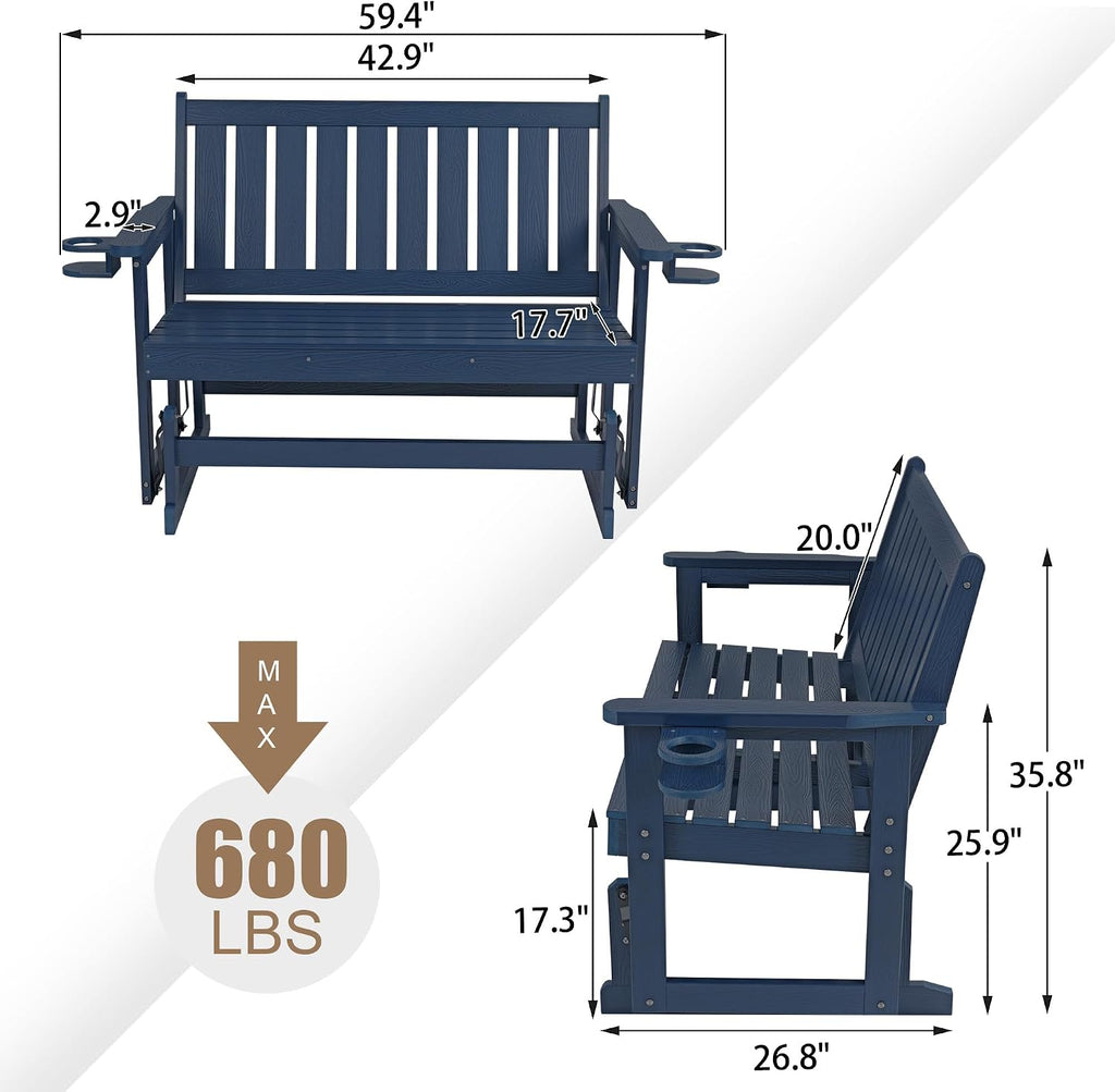 Poly Lumber Patio Glider, HIPS Material Weather-Resistant Swing Bench for Outdoor Porch Garden (Navy Blue, 2-Seater)