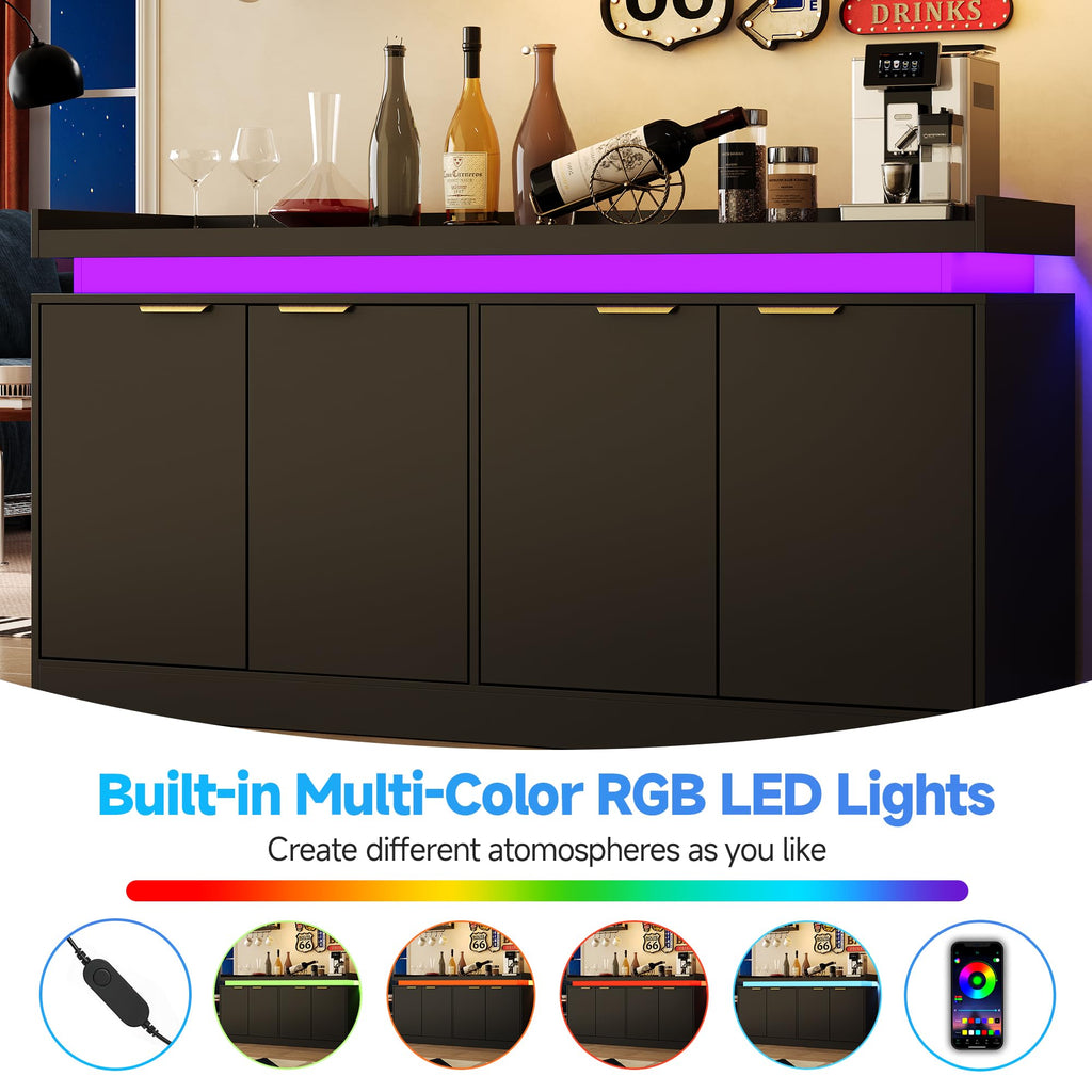 LED Sideboard Buffet Cabinet with Storage, 63'' Large Kitchen Buffet Cabinet Storage Cabinets with 4 Doors, Wood