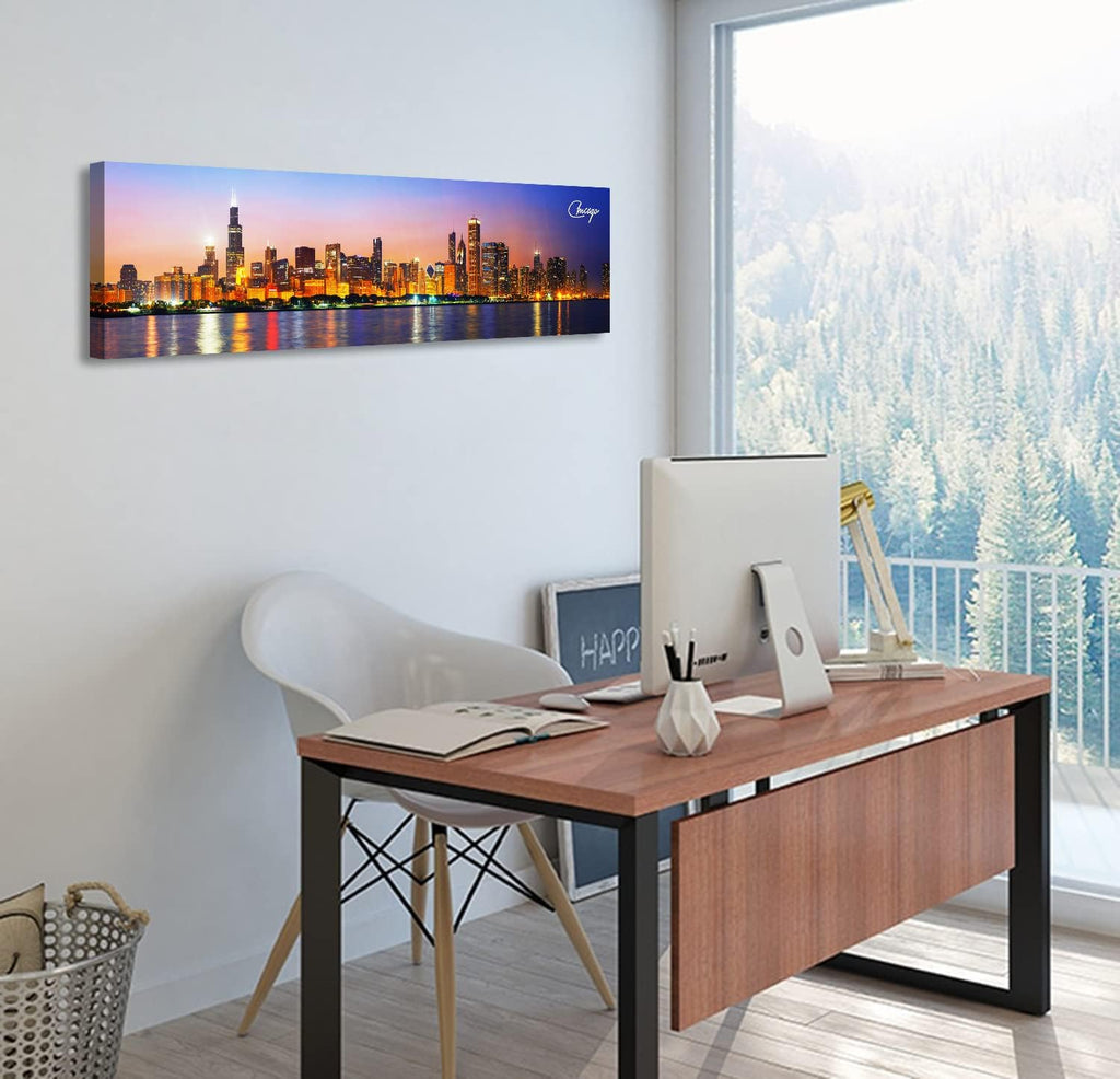 Chicago Skyline Wall Art Canvas Prints, Framed, 13.8"x45.3" | Cityscape USA City Building, Panoramic Night View