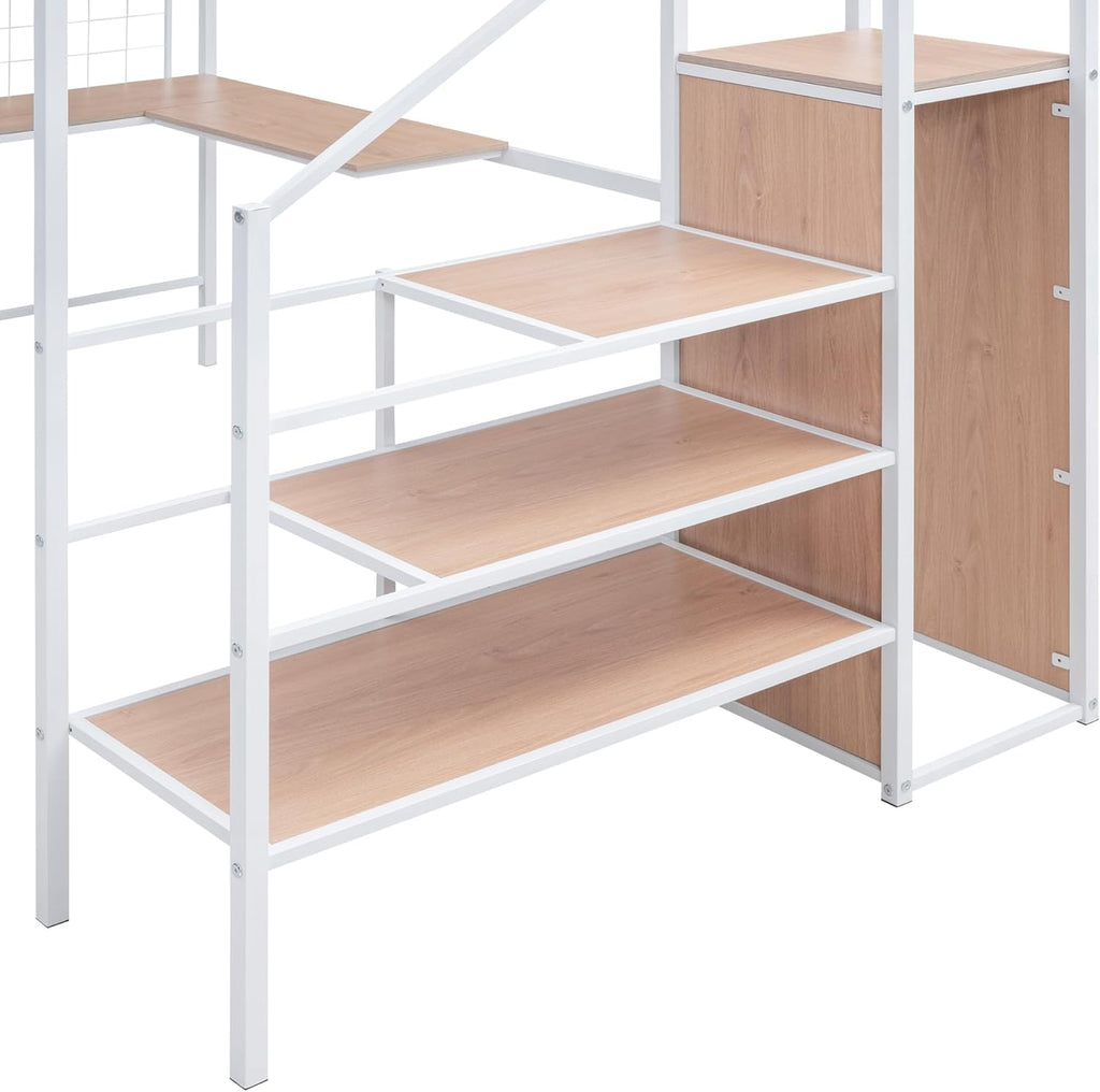 Full Loft Bed with Desk and Wardrobe and Storage Stairs, Loft Beds for Adults, Kids, Teens Metal, White