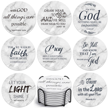 Ceramic Coasters with Bible Verses, Coasters Set of 8 with Holder, Absorbent Drink Coasters Decor and Christian