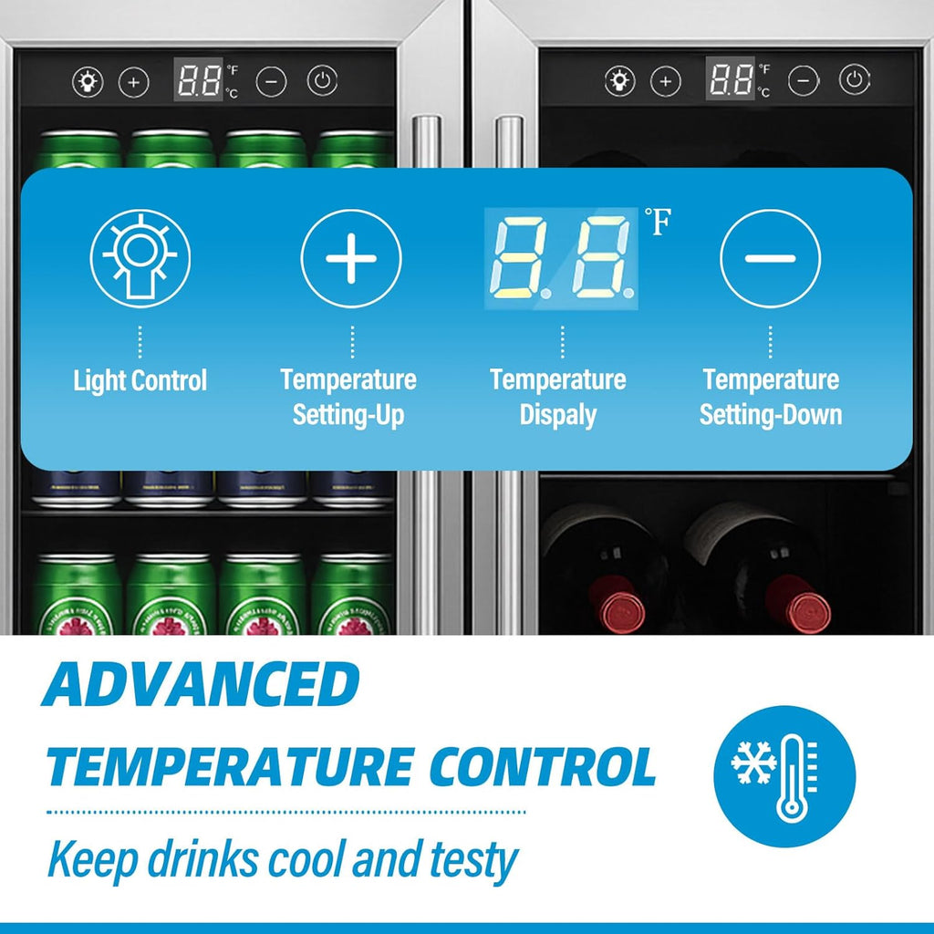 24 Inch Wine and Beverage Refrigerator, Dual Zone Wine Cooler with Advanced Cool