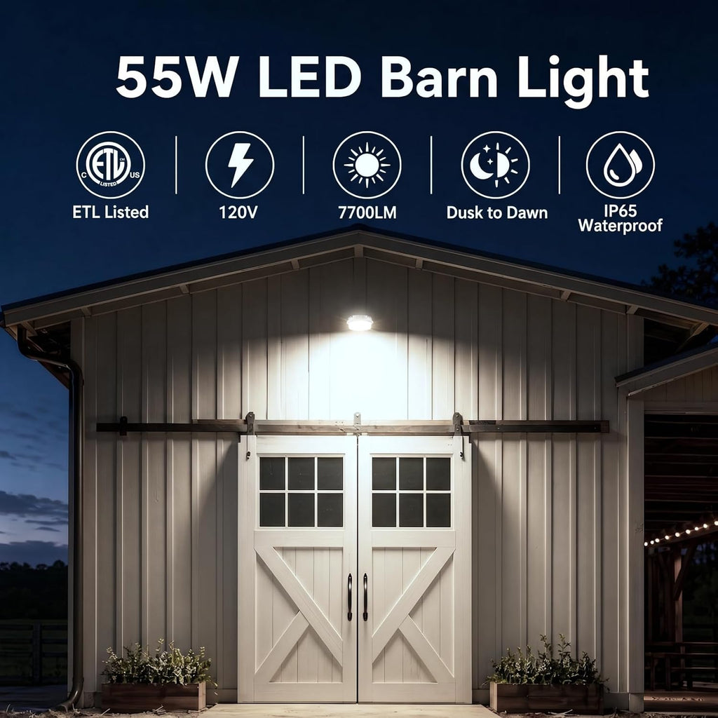 55W 6600LM LED Barn Light, 5000K, ETL Listed, Silver, 1 Pack | Dusk to Dawn Outdoor Security Light, 120V