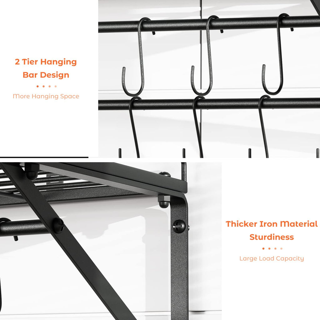 31" Pot Rack Wall Mounted, Pot Organizer with 2 Tier Hanging Rails