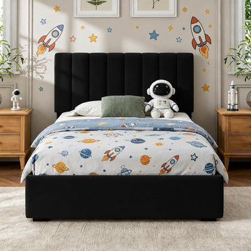 Twin Velvet Upholstered Bed Frame with Headboard for Kids, Black | Soft Velvet, Metal Platform Storage Bed, Vertical
