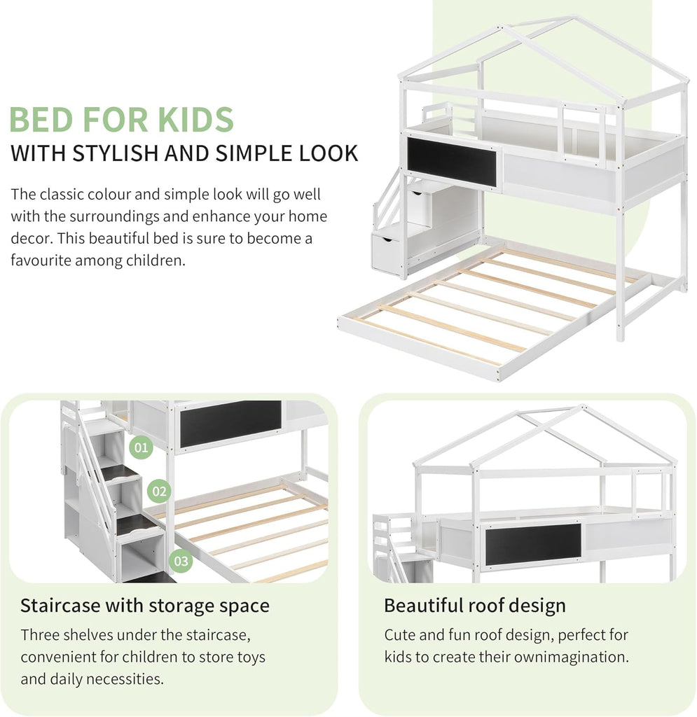 Wood Twin Over Full House Bunk Bed with Ladder, Solid Pine Wood Bunk Bed Frame with Safety Guardrails