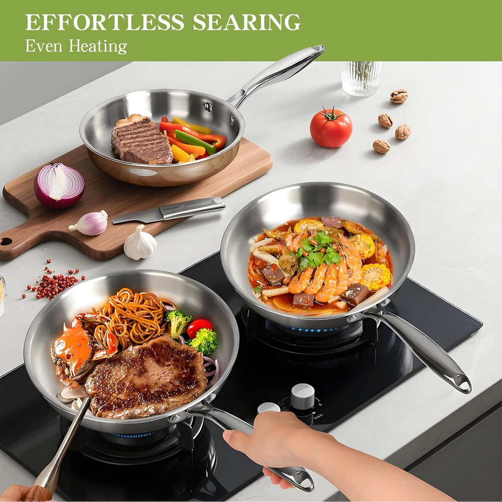 Triple Ply Stainless Steel Pots and Pans Set, 12 Piece Induction Cookware Set, Oven Dishwasher Safe | Frying Pans