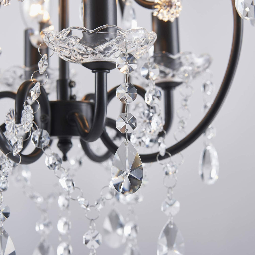 4-Lights Crystal Chandelier with K9 Crystals, Black Farmhouse Style Pendant Light Fixture, H17 x D12, Chain Adjustable