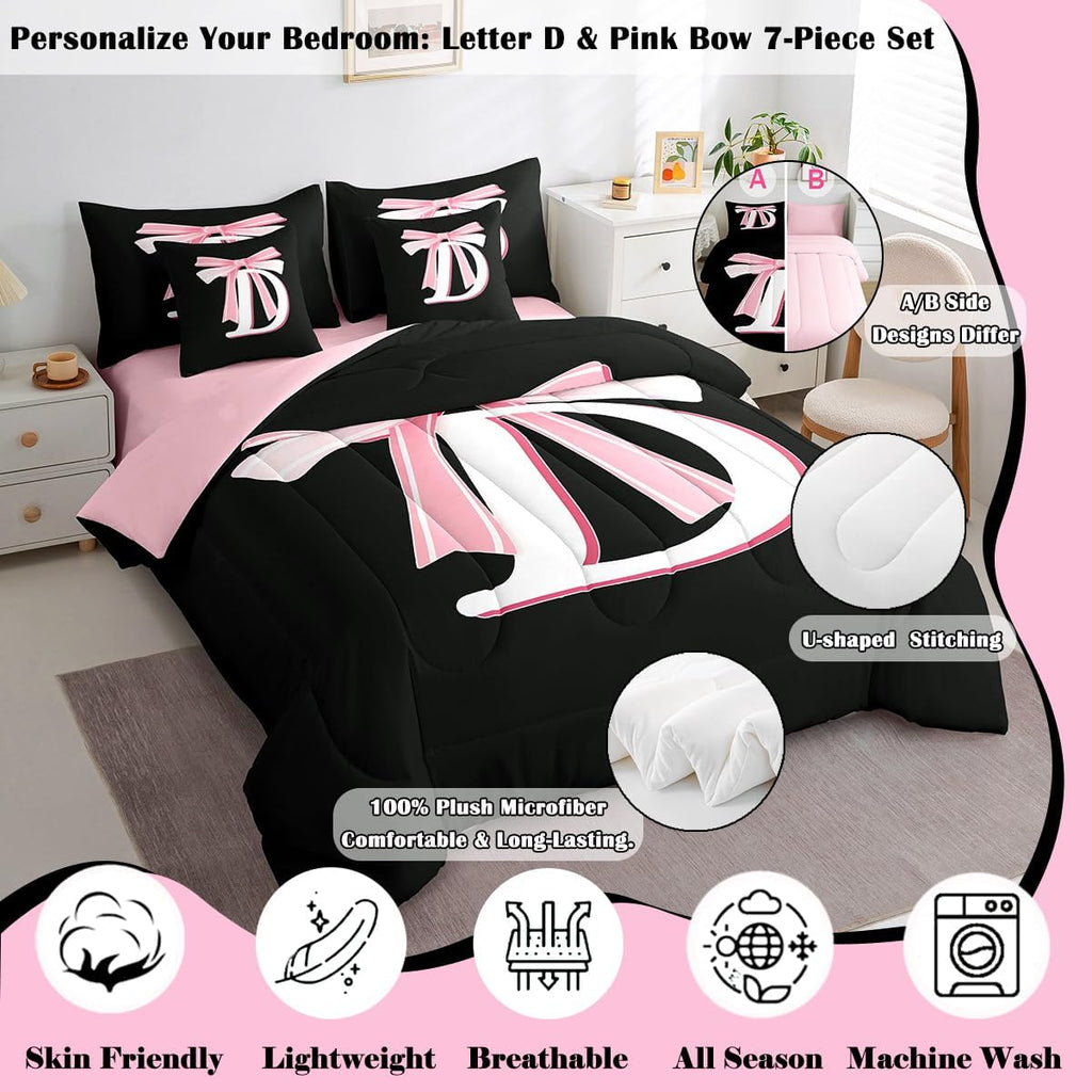 Kids Girls Black Pink Bow Comforter Set with Sheets Monogrammed 7 Piece Bedding Set Personalized