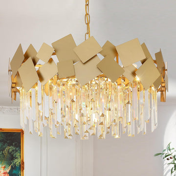Modern Crystal Chandelier Gold 24" Round Chandeliers for Dining Room 9 Light Drum Ceiling Pendant Light Fixture K9