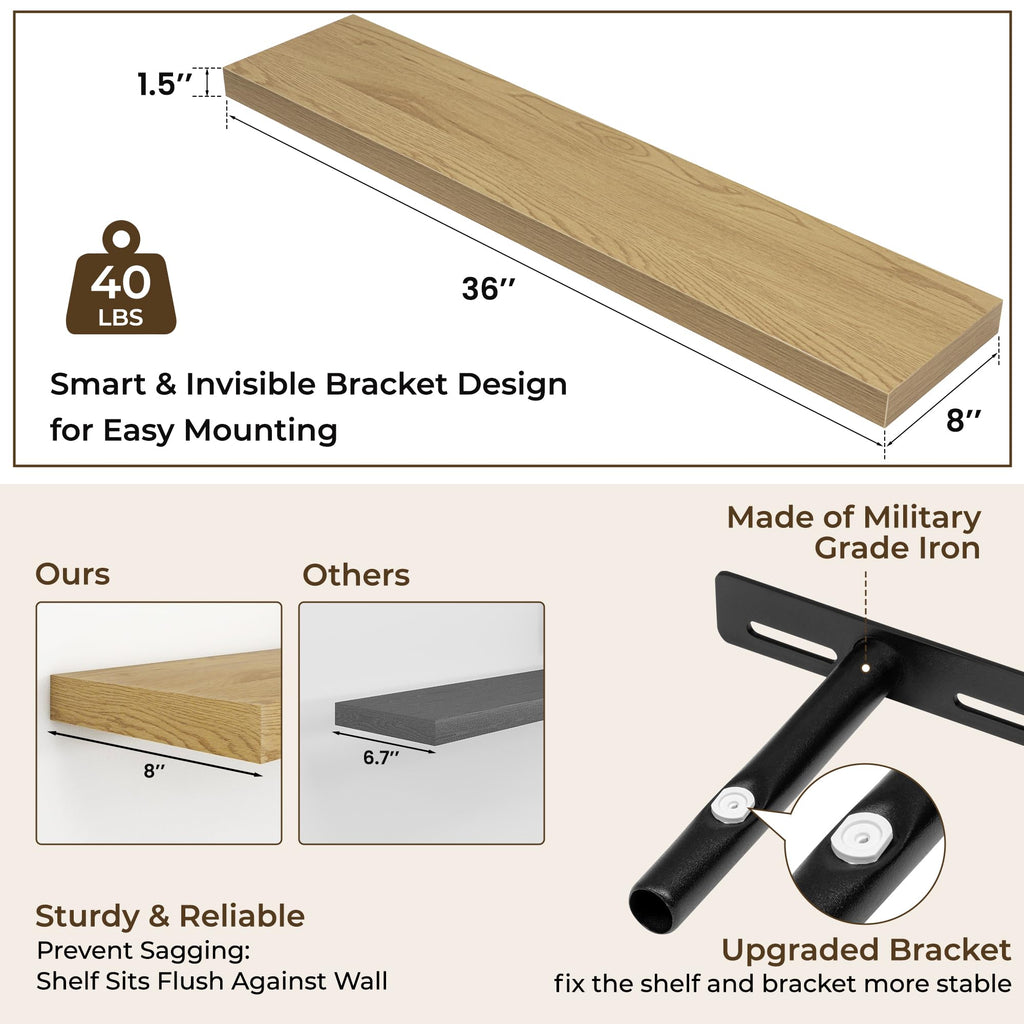 36Inch Floating Shelves for Wall 2Pack, Oak, 8" Deep