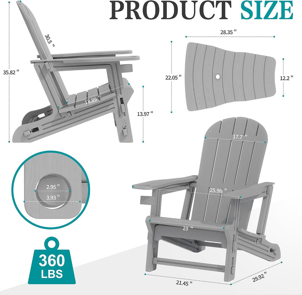 Outdoor Adirondack Chair Set of 2, All-Weather HDPE Patio Furniture with Detachable Table, Wood Texture & Cup