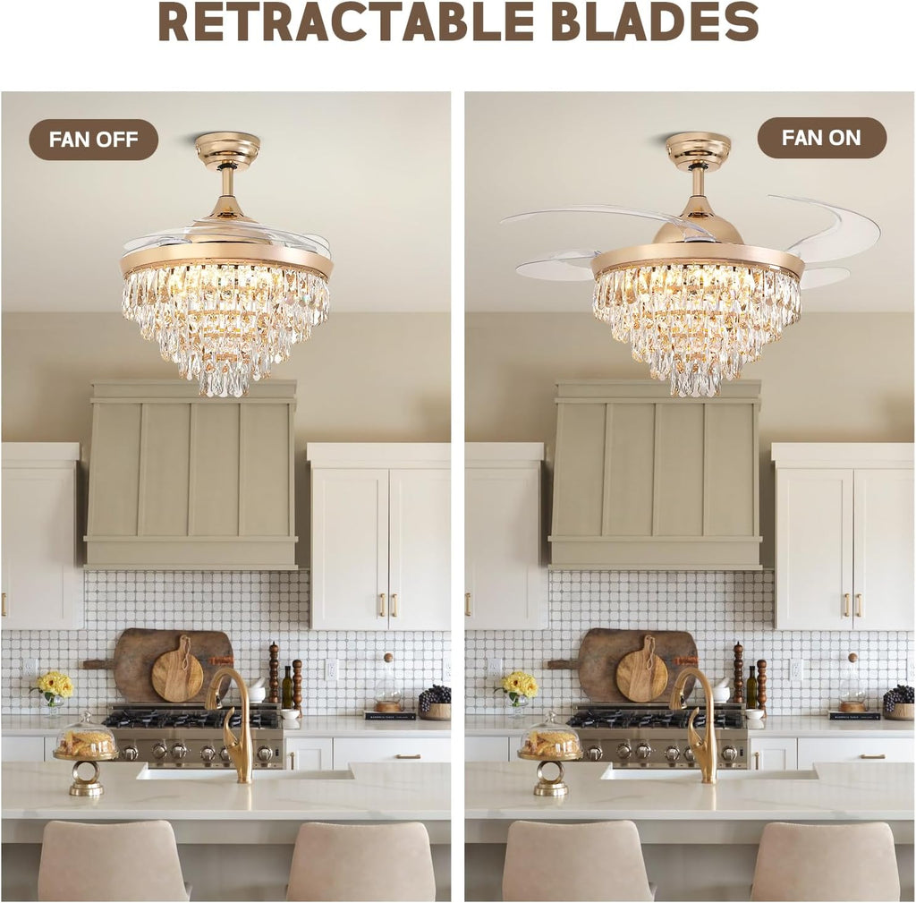 48" Crystal Ceiling Fans with Lights and Remote, Dimmable, 6 Speeds, Luxury Chandelier Fan Rose Gold Crystal Fandelier