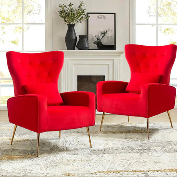 Velvet Accent Arm Chairs Set of 2, Mid-Century Modern Living Room Chair, Wingback Bedroom Side Chair with Gold Legs &