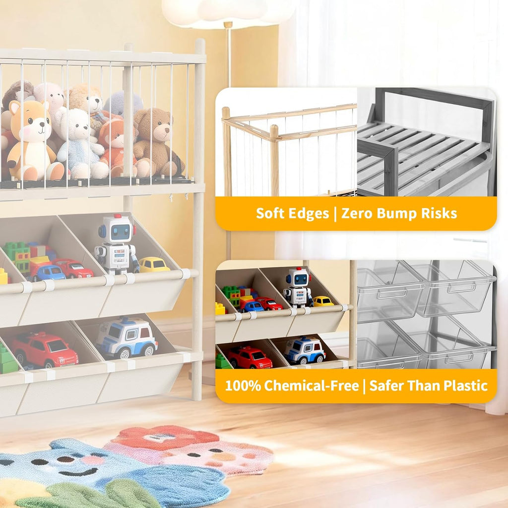 2-in-1 Stuffed Animal Storage & Toy Organizer for Kids Rooms, 6 Bins | Wooden stuffed animal and toy organizer with