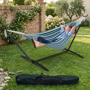 2 Person Double Hammock with Stand Foldable, 450Lbs Capacity, Double Hammocks Portable with Carrying Bag, Thick Rope