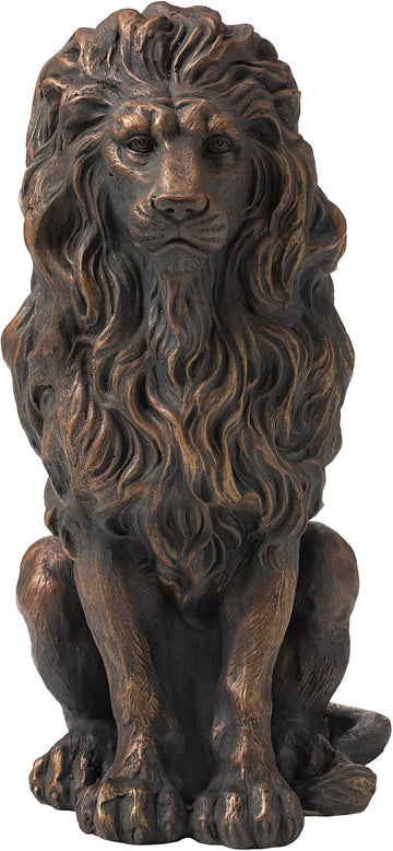 Guardian Sitting Lion Statue Regal Indoor Garden Sculpture Entrance Porch, 20.5in Tall, Bronze