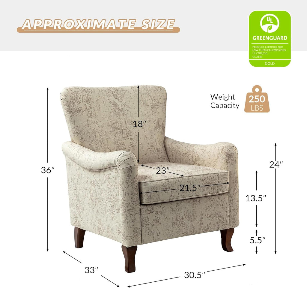 Floral Accent Chair, Modern High Back Armchair with Wooden Legs, Comfy Wingback Chair Upholstered Accent Single Sofa