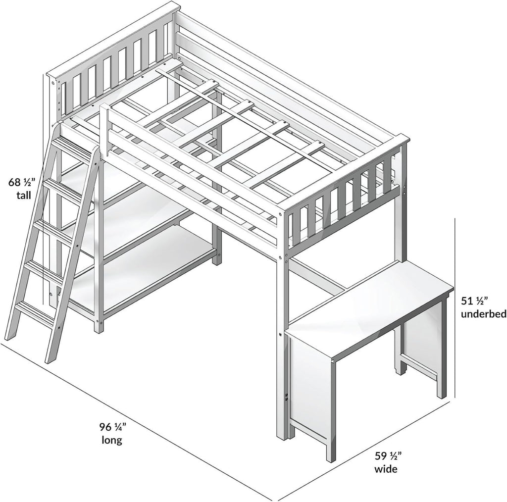 High Loft Bed, Twin Bed Frame for Kids With Bookcase and Desk, White