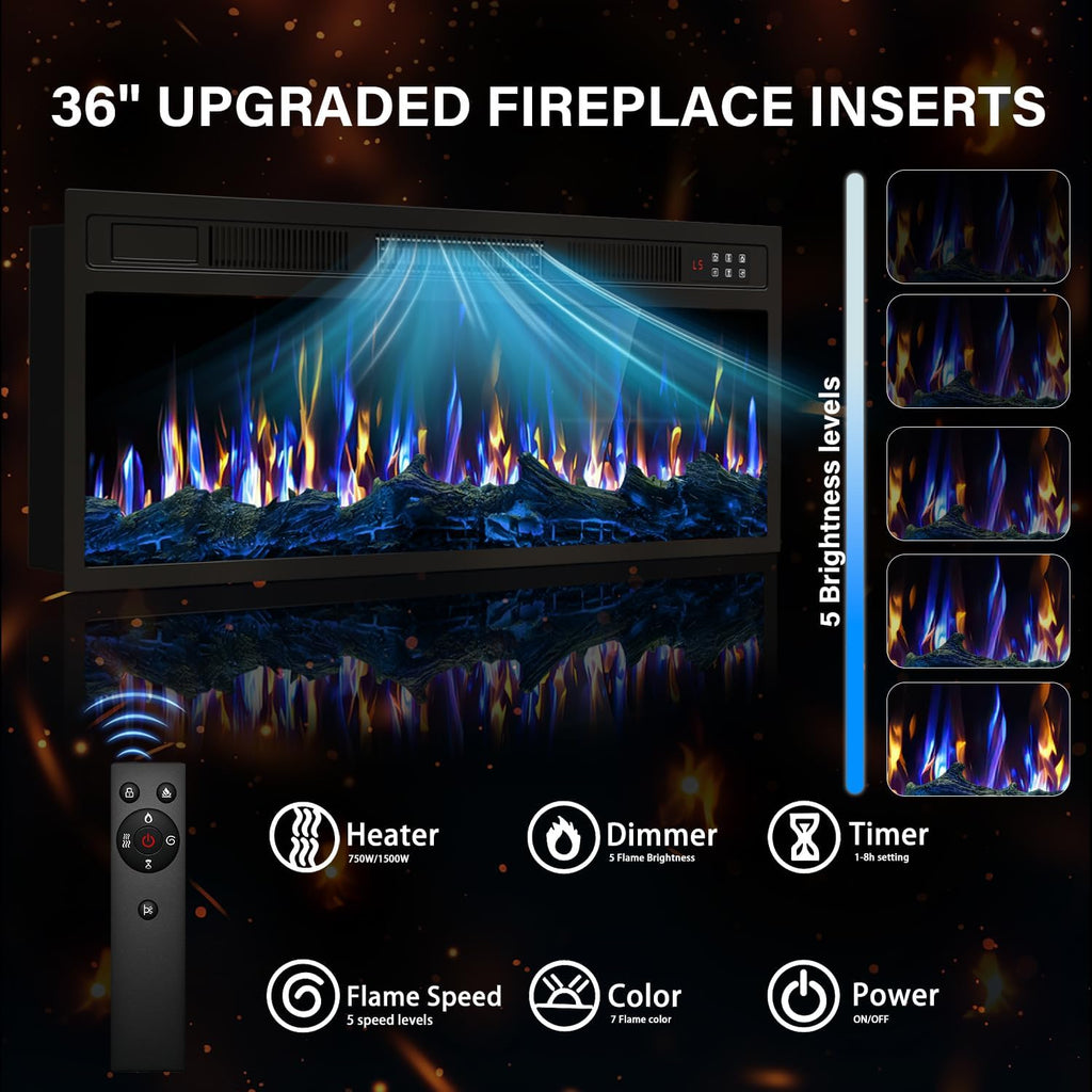 Fireplace with TV Stand 36" inch Electric Fireplace Up to 80" TVs, LED Light Entertainment Center, 70" Modern Wood