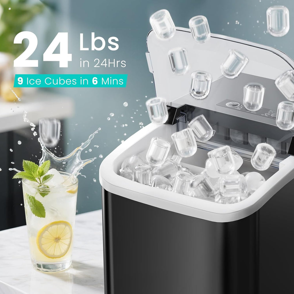 Countertop Ice Maker Machine with Handle, Auto-Cleaning Portable Ice Maker with Basket & Scoop, 26lbs in 24Hrs & 9