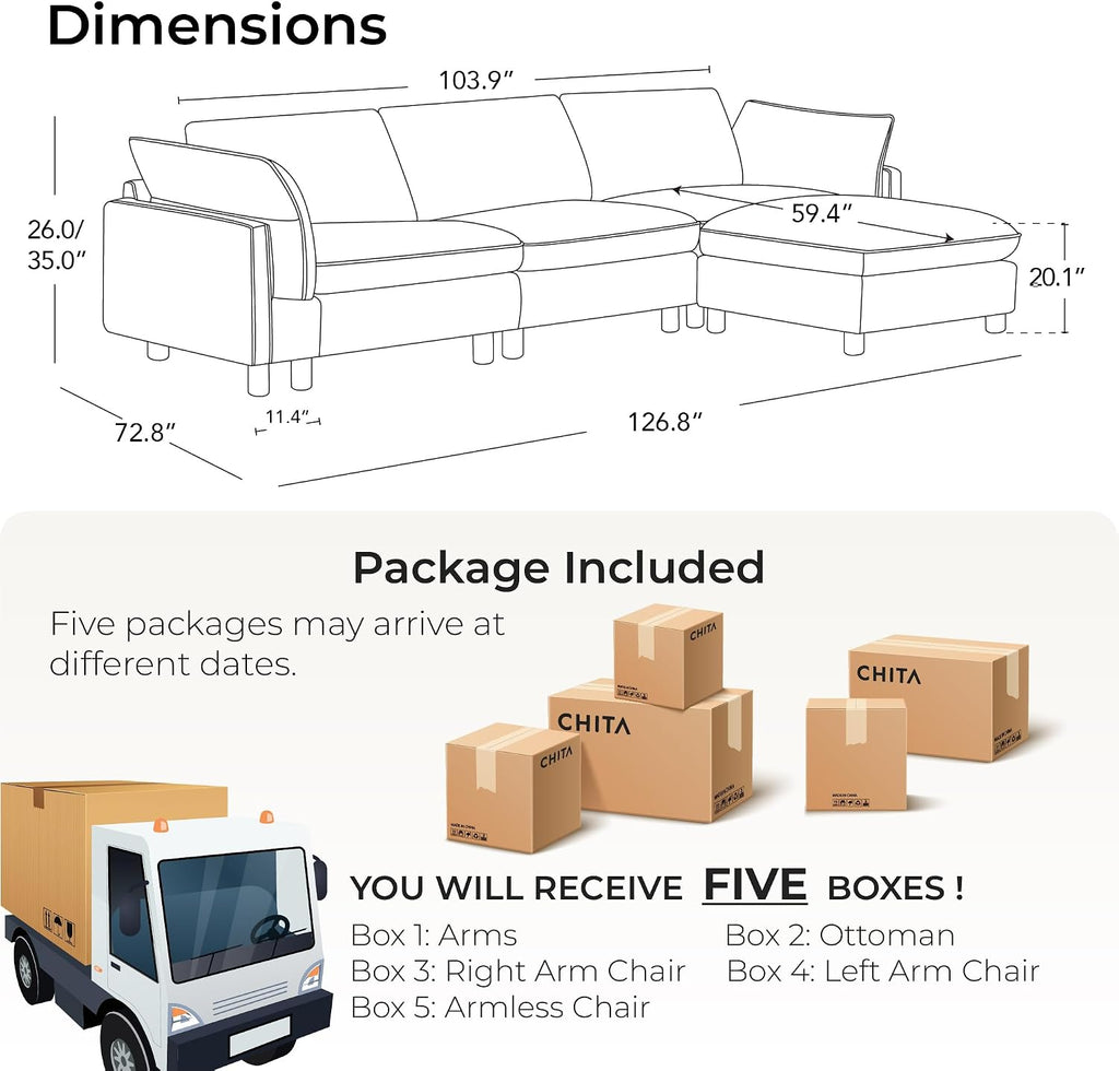 127" Super Large Sectional Couches , Modular Cloud Couch Sectional Sofa, Premium Fabric Couches, Down Filled, High