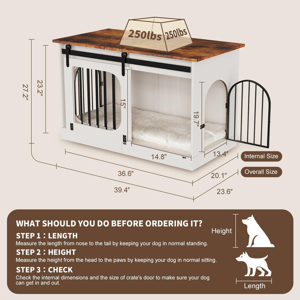 XL Dog Kennel Furniture,39.4 Inch Farmhouse Crate Furniture with Cushion Decorative White Dog Kennel Indoor Thick