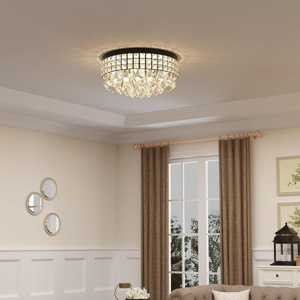 4 Lights Crystal Chandelier, Recessed Drum Ceiling Light, Mini Crystal Flush Mount Round Metal Shade Raindrop