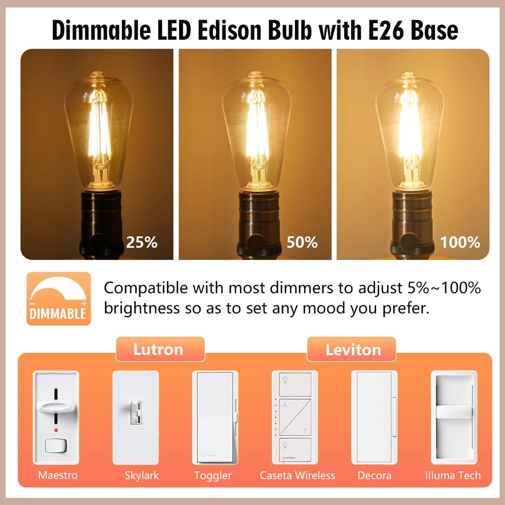 10 - Pack Shatter Resistant LED Edison Light Bulbs 60W Equivalent, Dimmable ST58 Vintage Light Bulbs, E26 Medium Base
