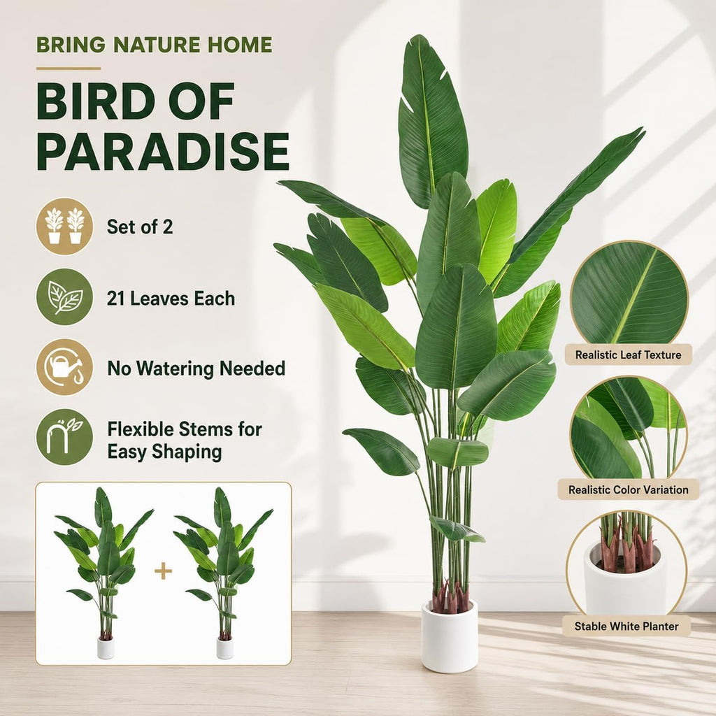 Bird of Paradise Artificial Plant 6.6 ft Tall Faux Banana Leaf Tree, 2 Pack