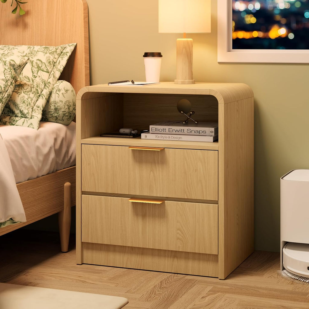 Modern Nightstand,Bedside Table,with 2 Drawers and Open Shelf, Oak Side Table, End Table ,Curved Profile