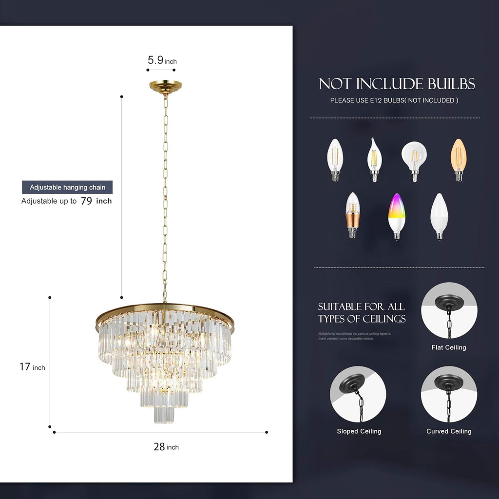 Inspired Odeon Style 10-Light Gold Plated Crystal 5-Tier Modern Chandelier W28"