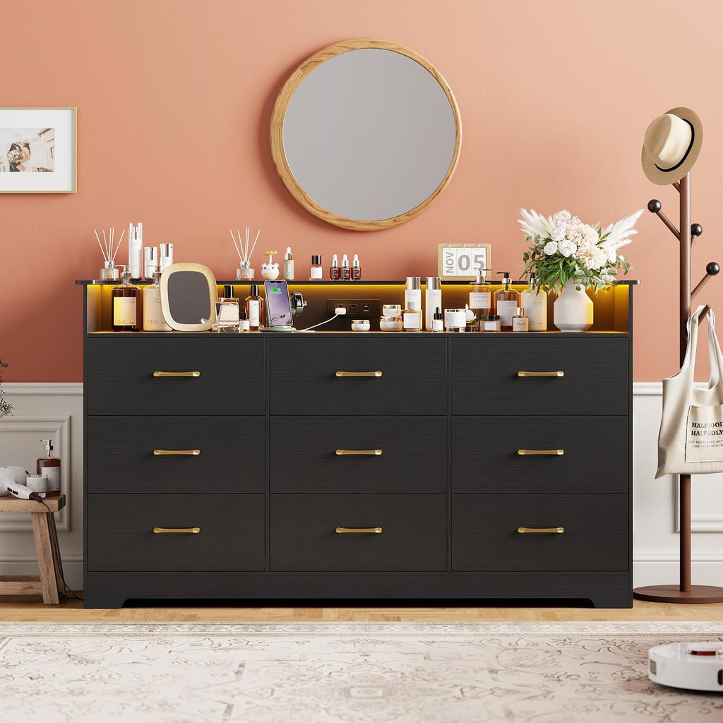 9 Drawer Dresser - 65" Wide Chest of Drawers with LED Light and Charging Station, Modern Large TV Stand Cabinet