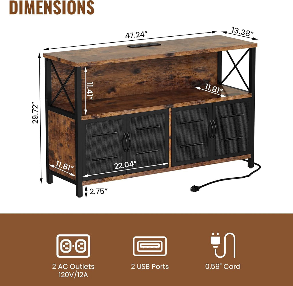Retro Sideboard Buffet Cabinet with Power Outlet & USB Port, Industrial Wood Farmhouse Coffee Bar Cabinet with Storage
