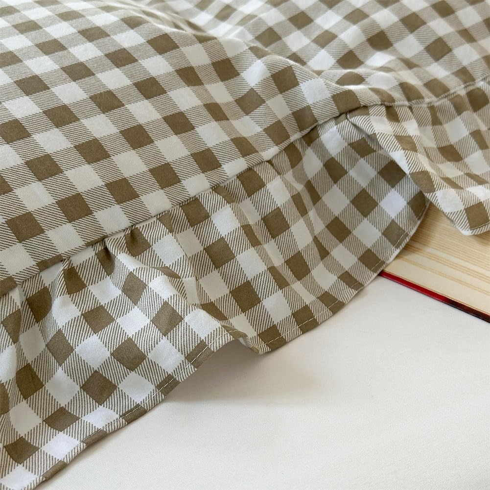 Tan Gingham Ruffle Duvet Cover, 3 Pieces Taupe Soft Pre-Washed Microfiber Checked Plaid Comforter Cover Set