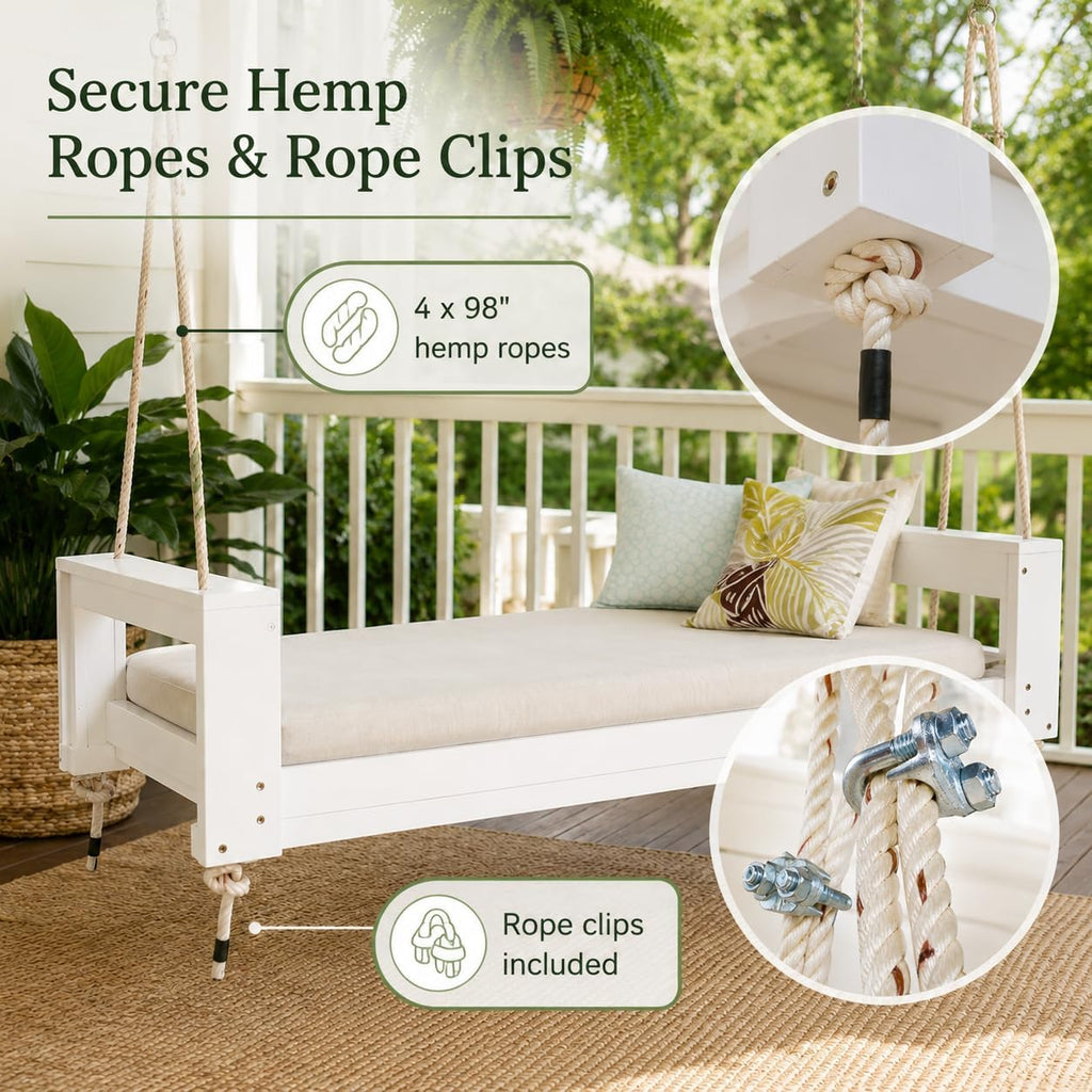 Twin Size Porch Swing Bed, Acacia Wood Outdoor Hanging Daybed Swing with 4 Hemp Ropes and Rope Clips, Wooden Patio