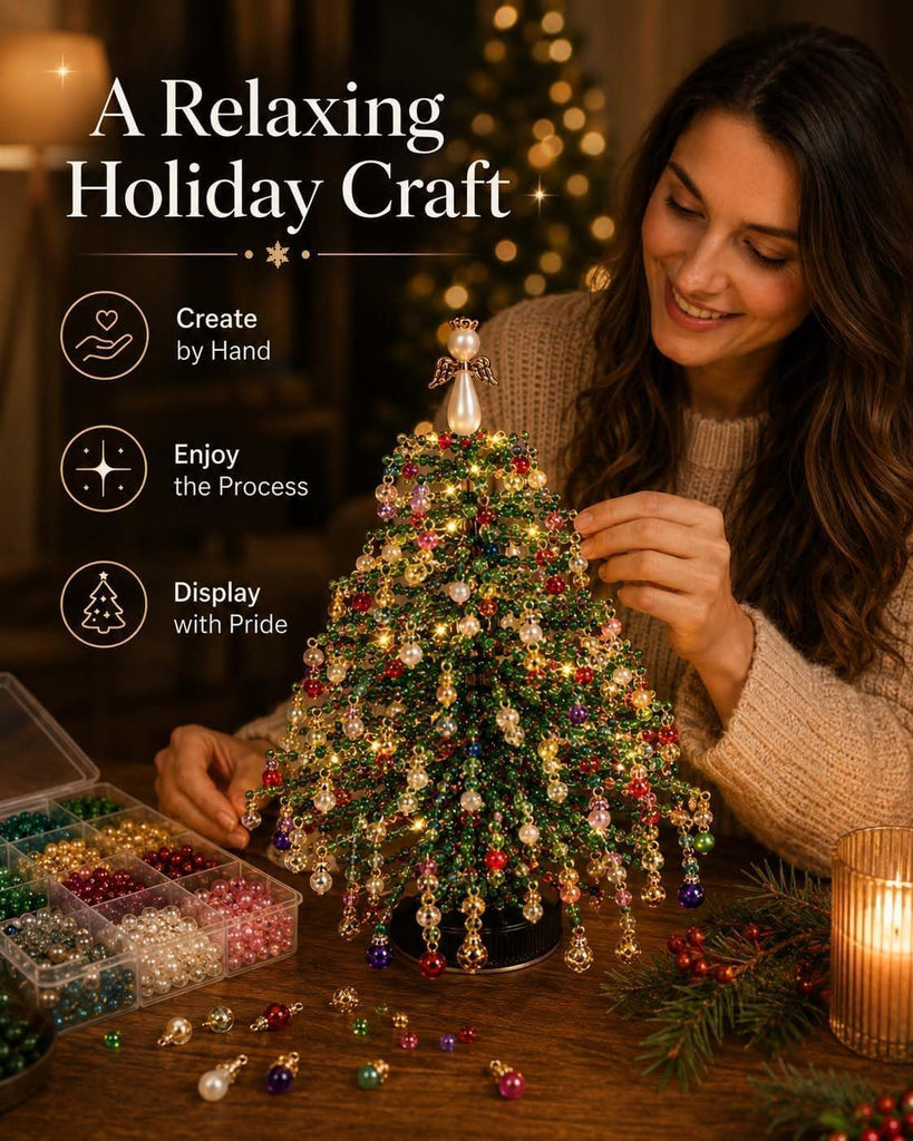 DIY Beaded Christmas Tree Kit for Adults, 3D Crystal Bead Holiday Craft Set with Colorful Beads, Ornament Charms &