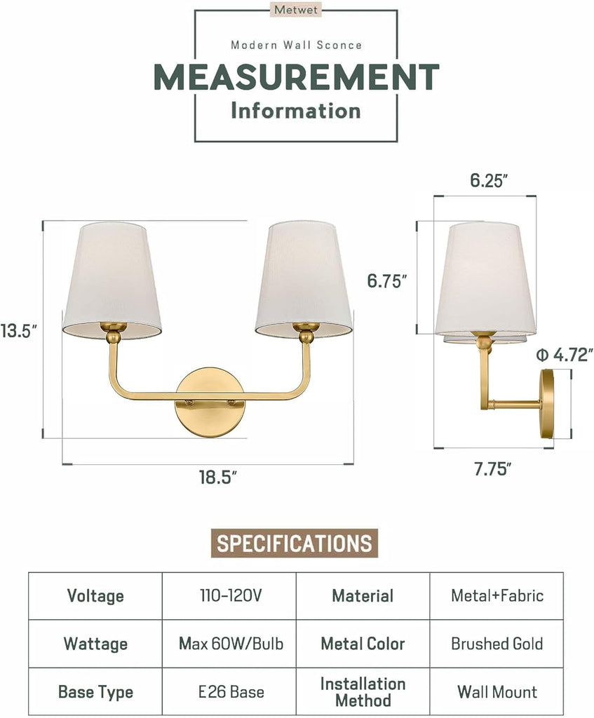 2 Light Bathroom Vanity Light, Brushed Gold Double Wall Sconce with Flared White Fabric Shade, Modern Sconces Wall