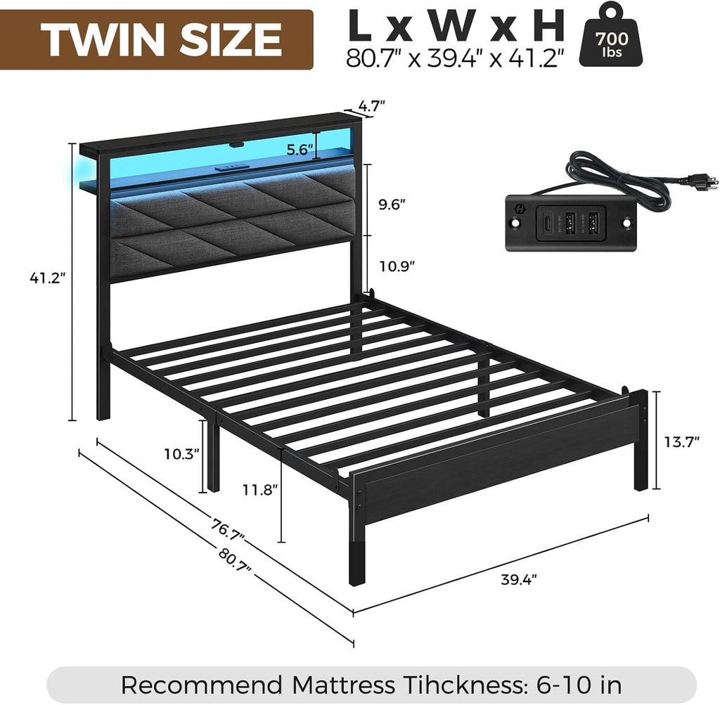Bed Frame Full with Charging Station, LED Bed with Upholstered Storage Headboard