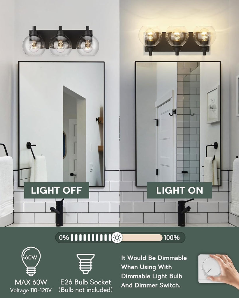 Bathroom Light Fixtures, 3-Light Matte Black Vanity Light, Modern Wall Sconces with Clear Glass Globe Shade, Bathroom