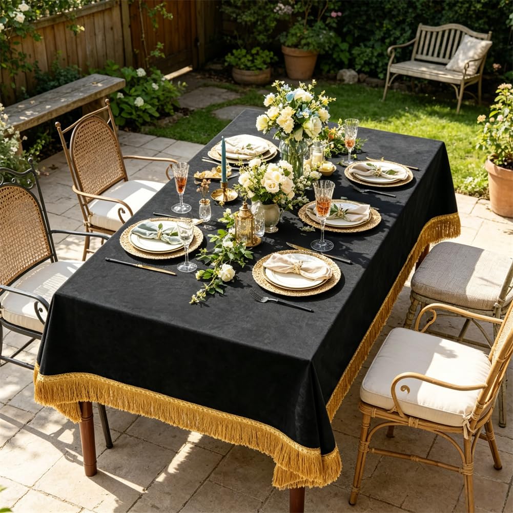Vintage Black Velvet Tablecloth, Rectangular Retro Table Cover, Plush Velvet with Ornate Gold Tassel Trim, Farmhouse